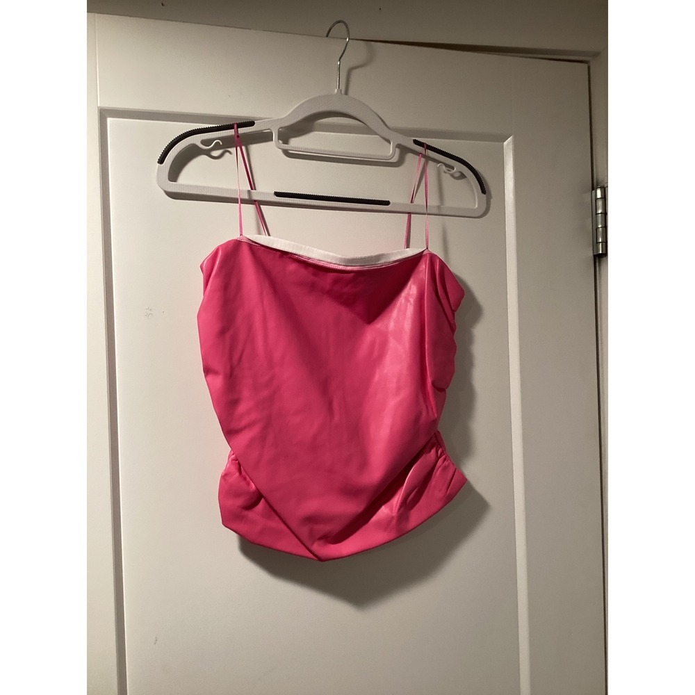 Amanda Uprichard Pink Faux Leather Handkerchief Hem Cami Top Small Ruched Zipper